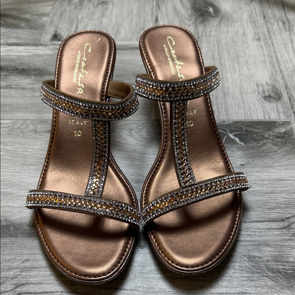 Contesa Bronze Crystal T-Strap Slide Heels with Metallic Finish